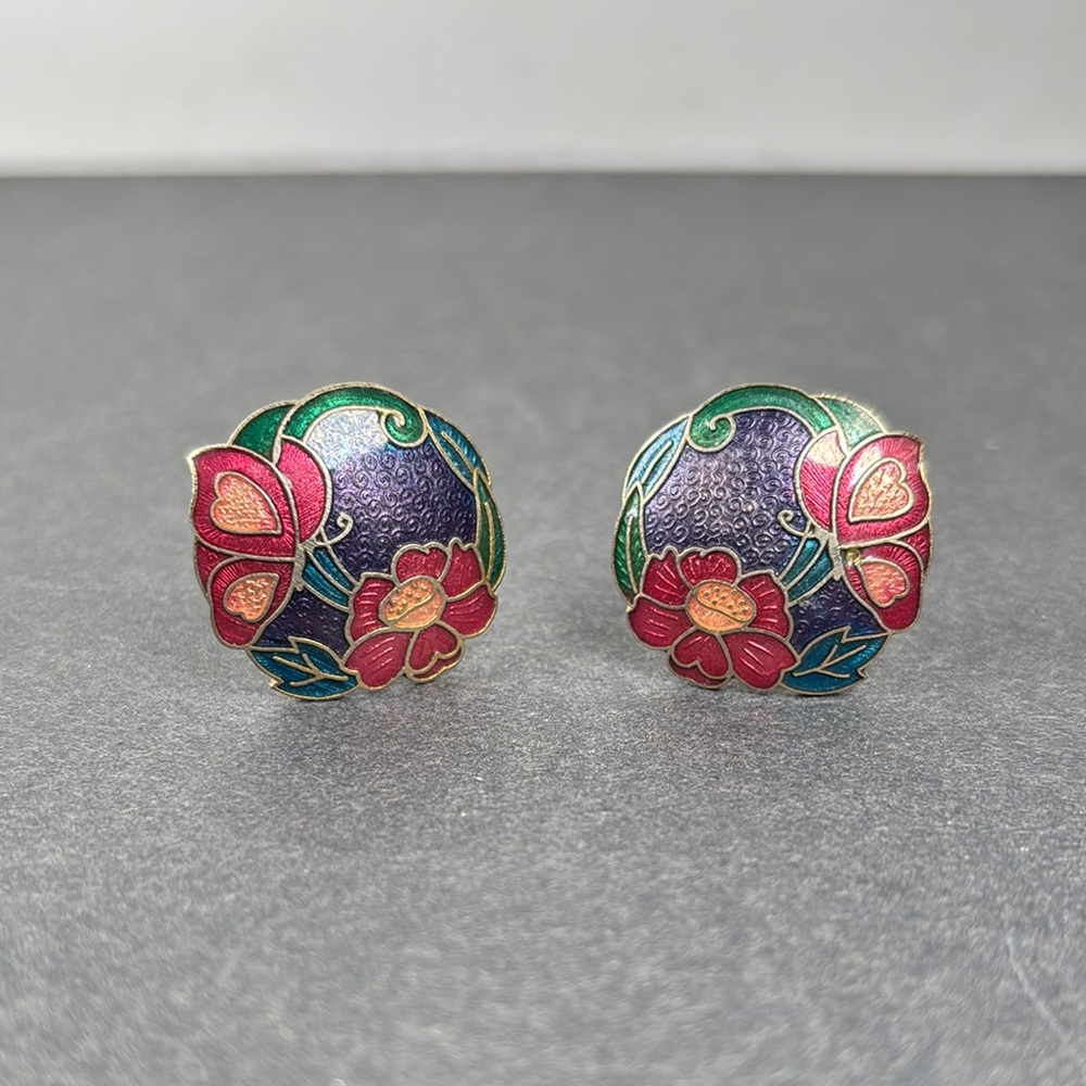 Vintage 1960’s Cloisonne’ Floral Enamel Clip Earrings